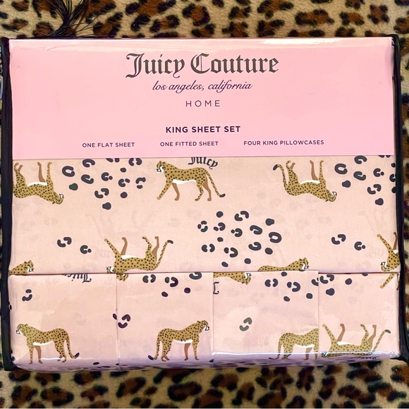 JUICY COUTURE HOME Bedding Sheet Set KING SIZE Pink Cheetah Logo 6-Piece NEW - Picture 3 of 9